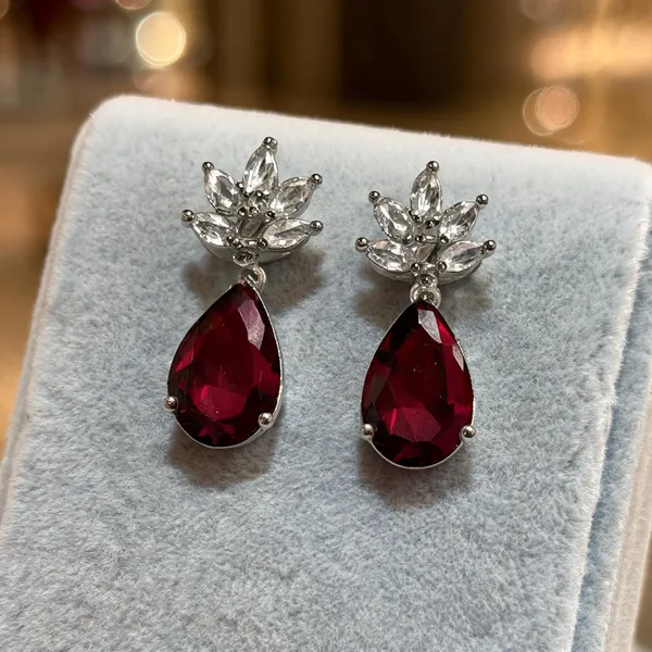 Silver_And_Red_Brass_Floral_Teardrop_Drop_Earrings_For_Women
