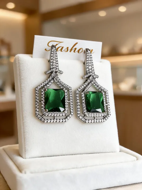 Silver_And_Green_Brass_Embellished_Drop_Earrings_For_Women