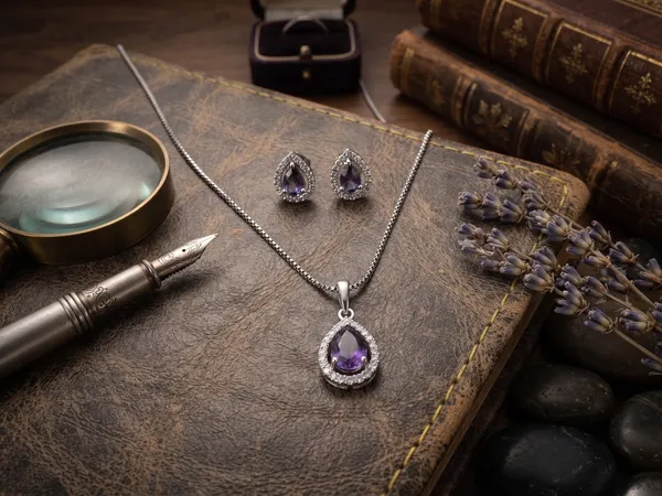 Silver_Brass_Deep_Amethys_Beaded_Teardrop_Pendant_Set_For_Women
