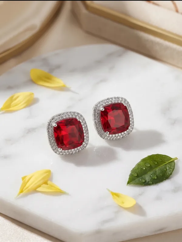 Silver_And_Red_Brass_Crystal_Stud_Earrings_For_Women