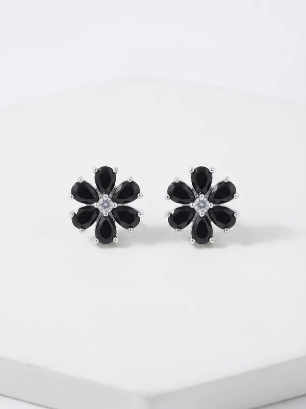 Silver_Black_Brass_Floral_Stud_Earrings_For_Women