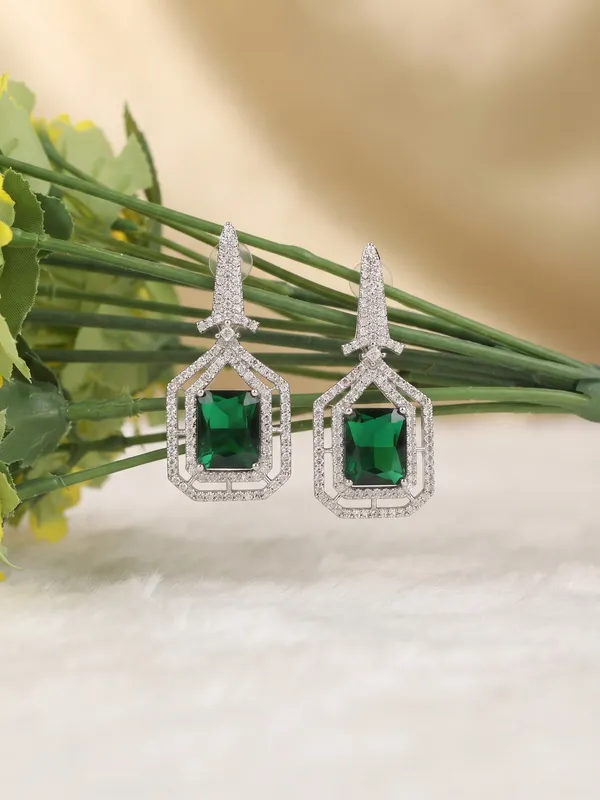 Silver_And_Green_Brass_Embellished_Drop_Earrings_For_Women