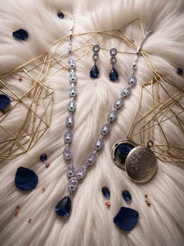 Silver_Brass_Teardrop_Stone_Necklace_And_Earrings_Set_For_Women