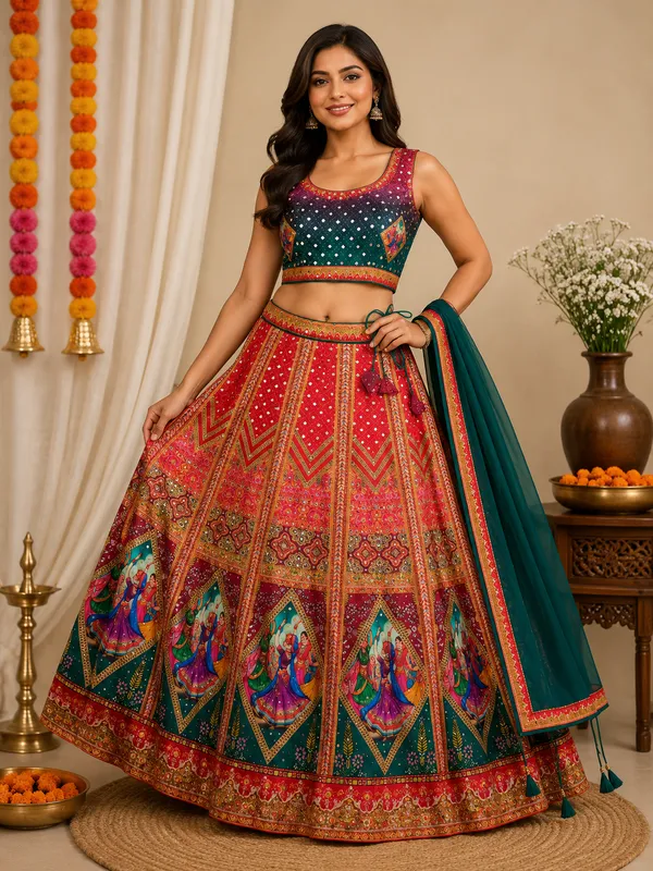 Orange_And_Green_Silk_Printed_Bridal_Lehenga_Choli_For_Women