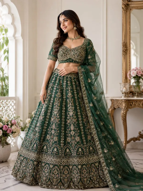 Green_Silk_Net_Embroidered_Sequin_Bridal_Lehenga_Choli_For_Women