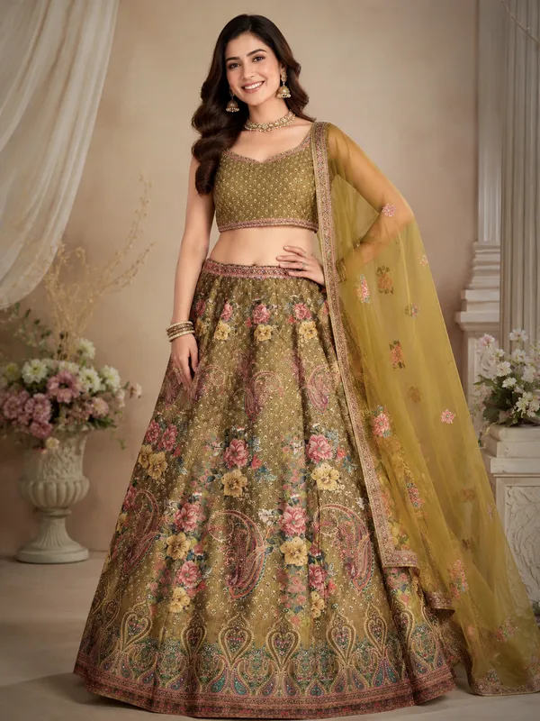 Olive_Green_Embroidered_Net_Floral_Print_Bridal_Lehenga_Choli