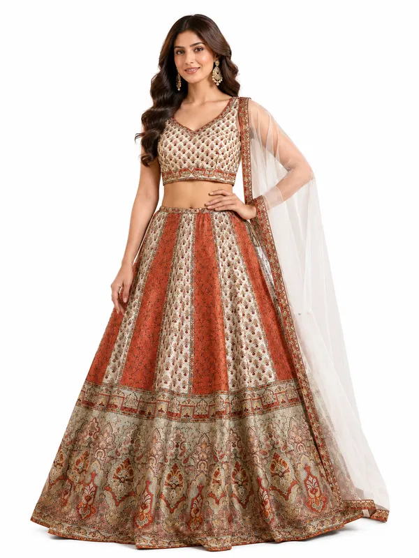 Rust_Embroidered_Panelled_Bridal_Lehenga_Choli_With_Net_Dupatta