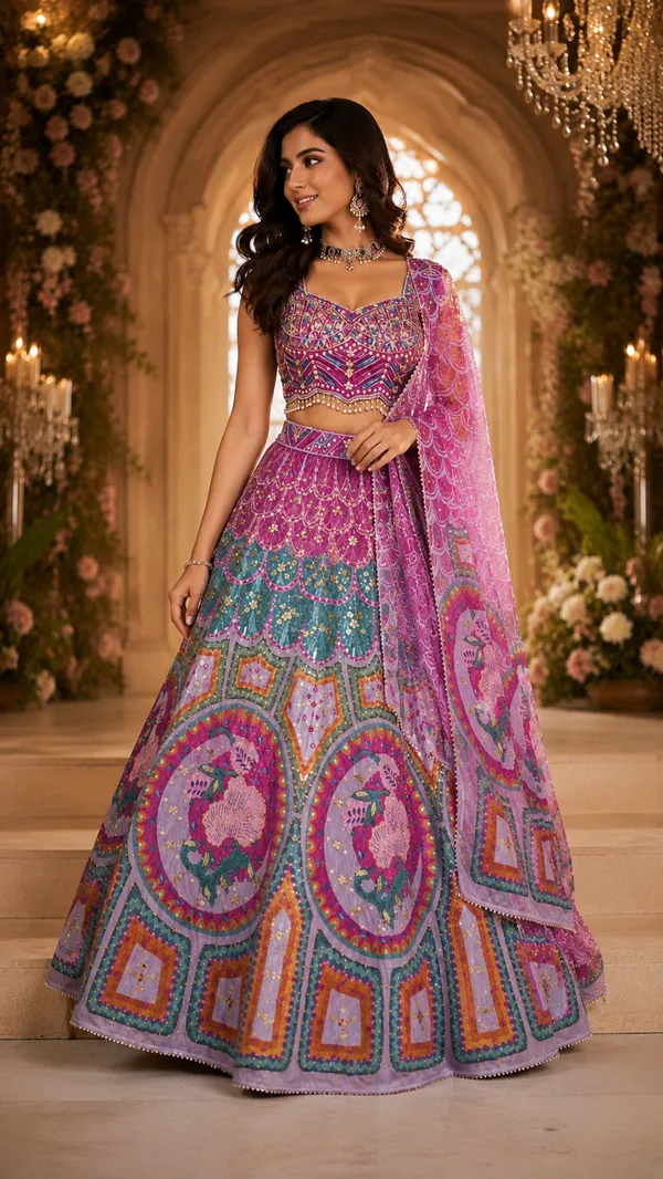 Multicolor_Silk_Net_Embroidered_Sequin_Bridal_Lehenga_Choli_For_Women