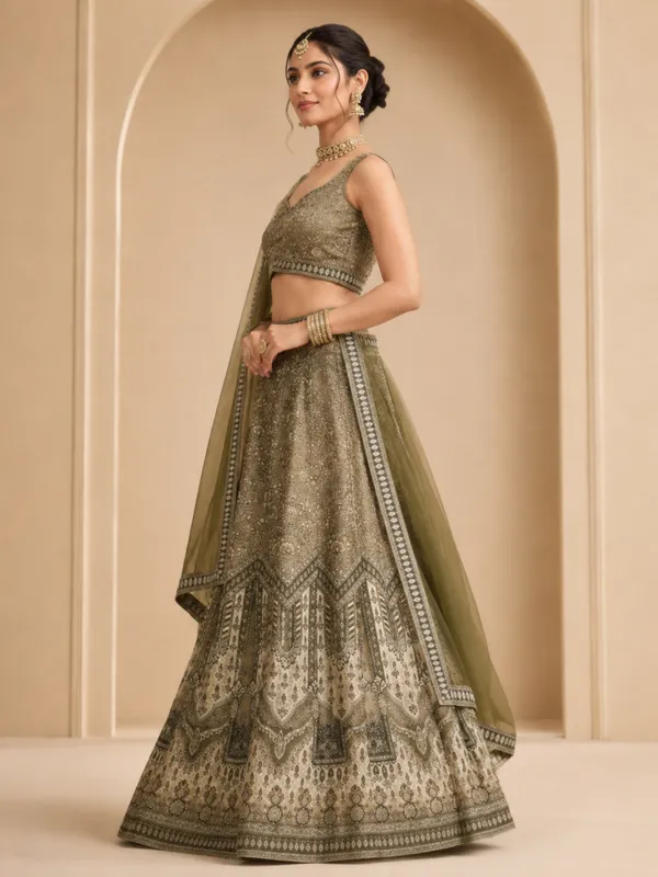Olive_Green_Embroidered_Sequin_Work_Bridal_Lehenga_Choli_For_Women