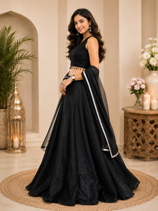 Black_Embellished_Sequin_Flared_Lehenga_Choli_With_Dupatta_For_Women