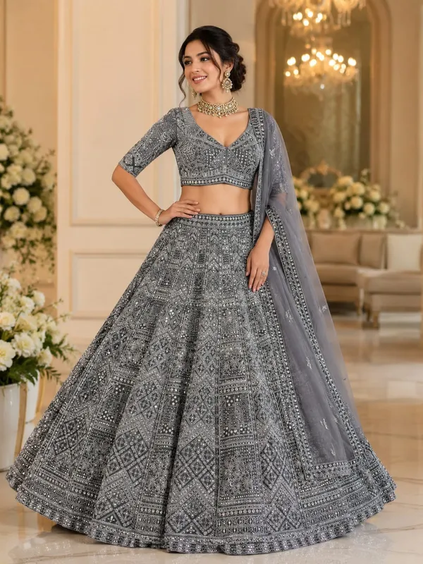 Grey_Silk_Net_Embroidered_Mirror_Work_Bridal_Lehenga_Choli_For_Women