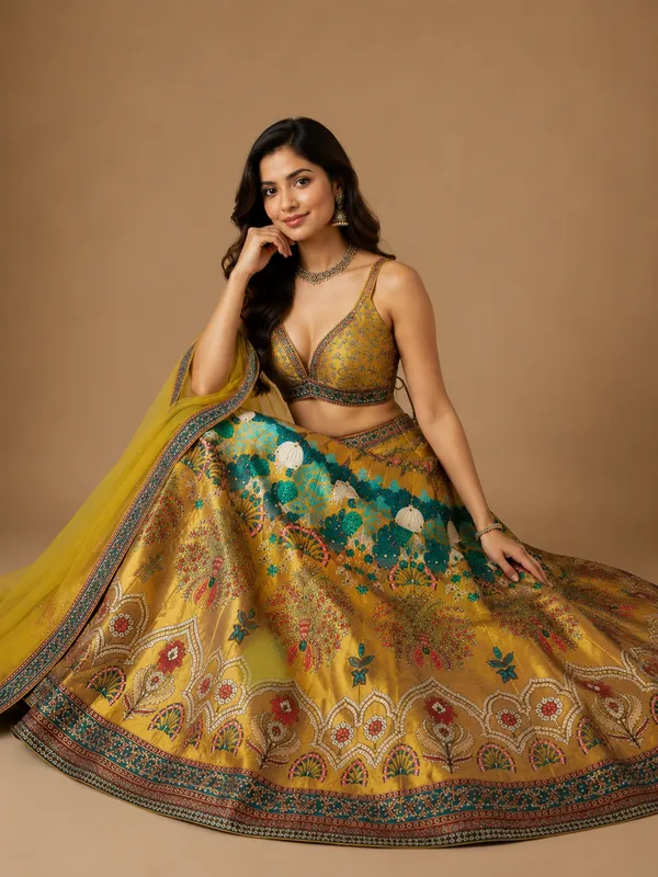 Yellow_Silk_Floral_Print_Embroidered_Lehenga_Choli_For_Women