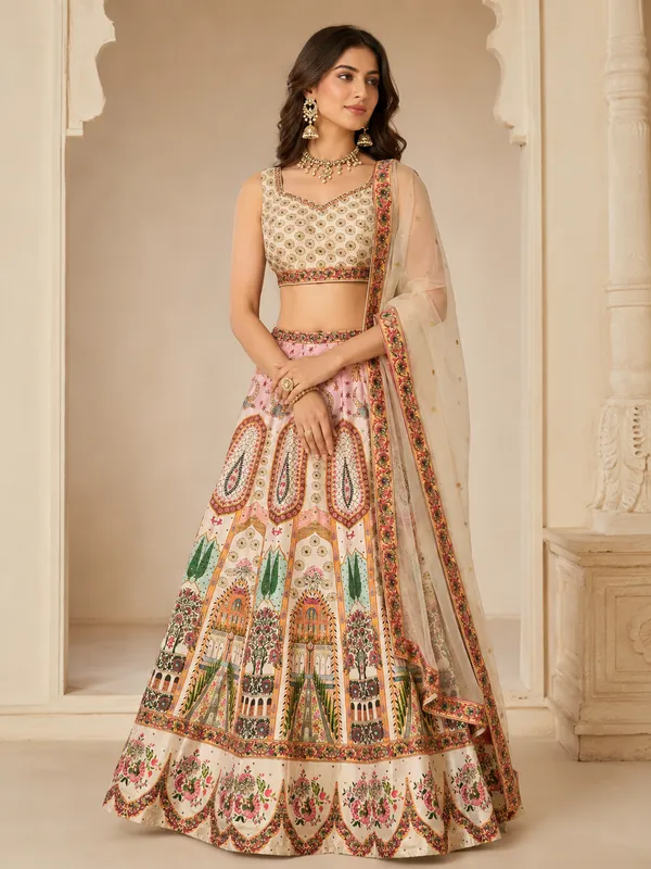 Cream_Silk_Embroidered_Digital_Print_Lehenga_Choli_For_Women