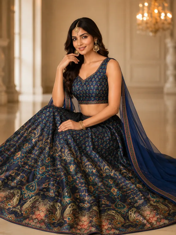 Navy_Blue_Silk_Digital_Print_Semi-Stitched_Lehenga_Choli_For_Women