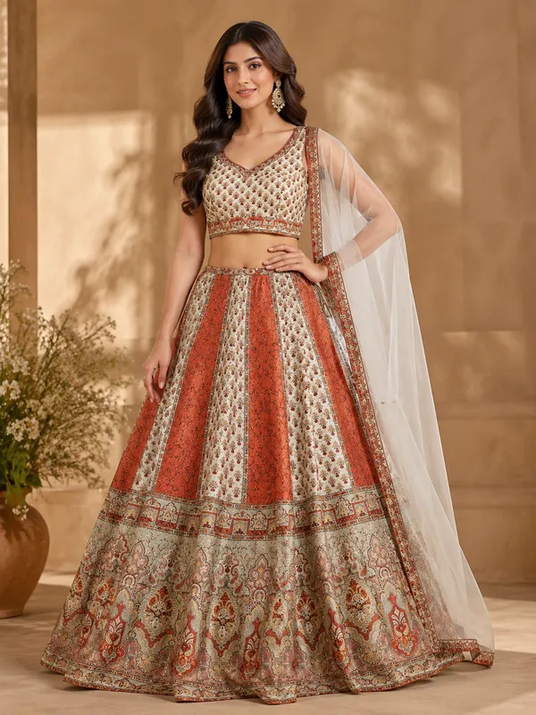 Rust_Embroidered_Panelled_Bridal_Lehenga_Choli_With_Net_Dupatta