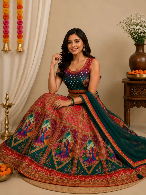 Orange_And_Green_Silk_Printed_Bridal_Lehenga_Choli_For_Women