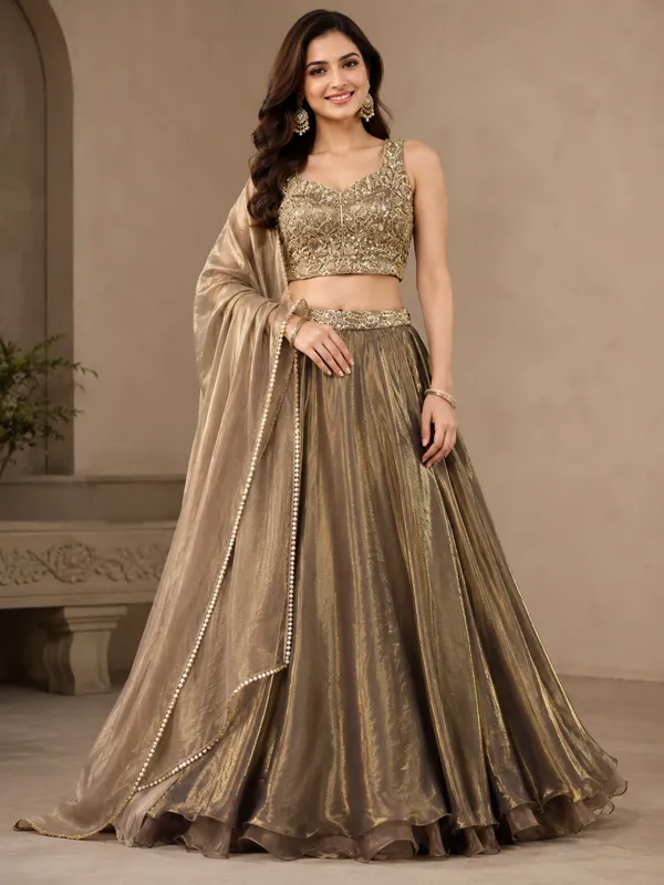 Beige_Embellished_Sleeveless_Blouse_Flared_Lehenga_With_Dupatta_For_Women