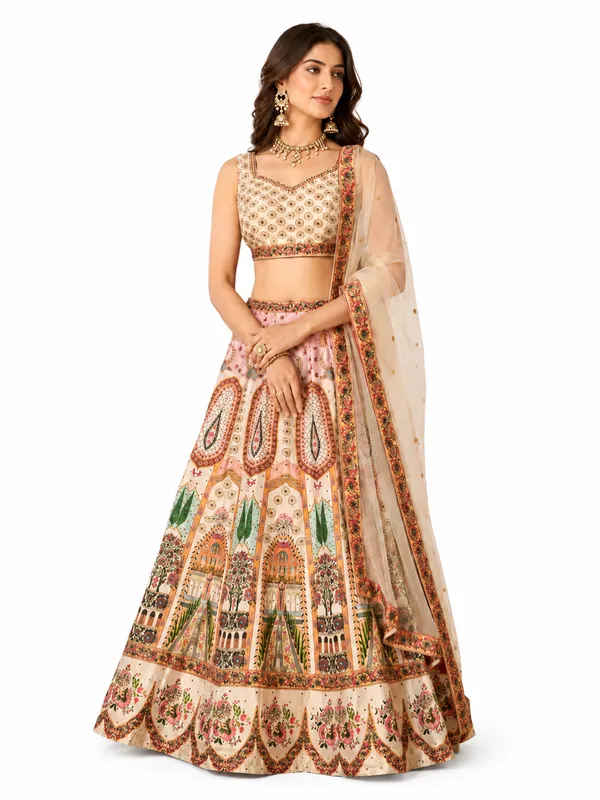 Cream_Silk_Embroidered_Digital_Print_Lehenga_Choli_For_Women