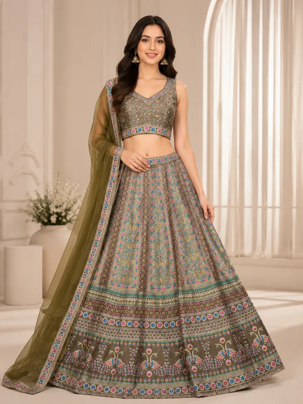 Olive_Embroidered_Sequin_Work_Bridal_Lehenga_Choli_For_Women