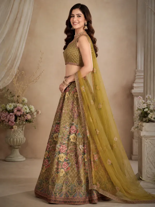 Olive_Green_Embroidered_Net_Floral_Print_Bridal_Lehenga_Choli