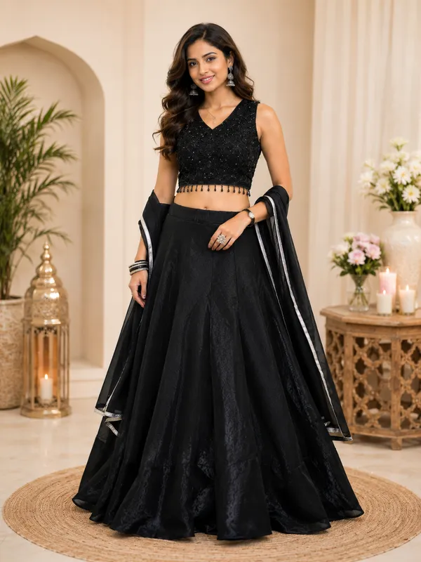 Black_Embellished_Sequin_Flared_Lehenga_Choli_With_Dupatta_For_Women