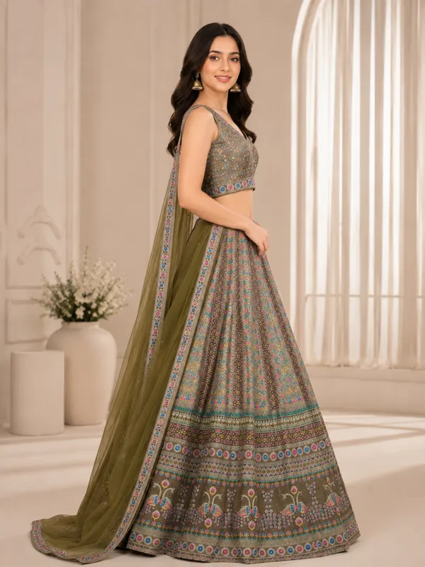Olive_Embroidered_Sequin_Work_Bridal_Lehenga_Choli_For_Women