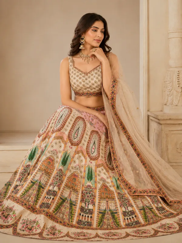 Cream_Silk_Embroidered_Digital_Print_Lehenga_Choli_For_Women