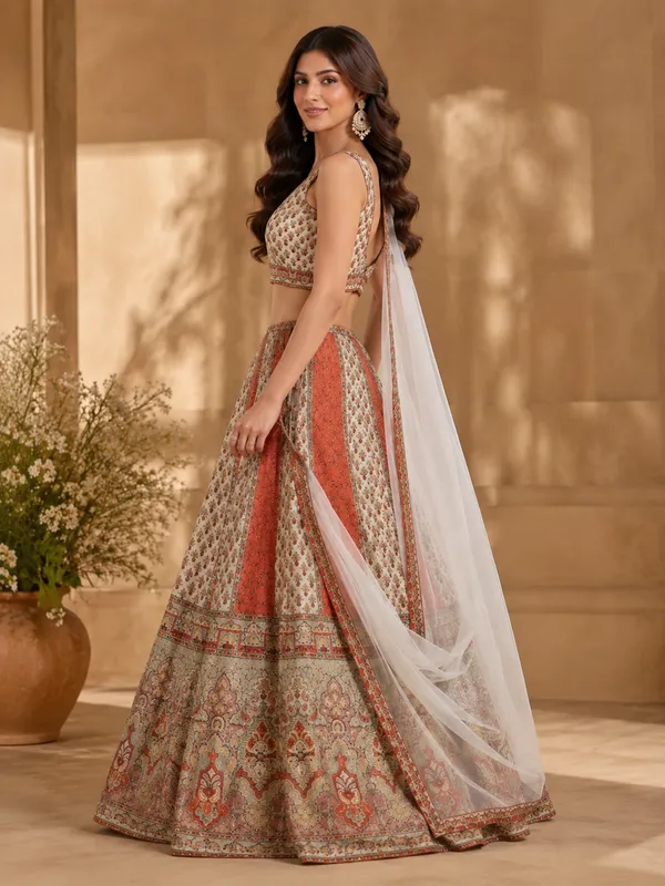 Rust_Embroidered_Panelled_Bridal_Lehenga_Choli_With_Net_Dupatta