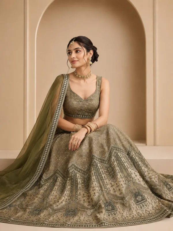 Olive_Green_Embroidered_Sequin_Work_Bridal_Lehenga_Choli_For_Women