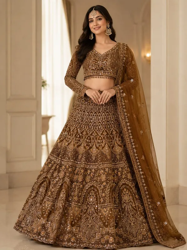 Brown_Silk_Net_Embroidered_Sequin_Bridal_Lehenga_Choli_For_Women