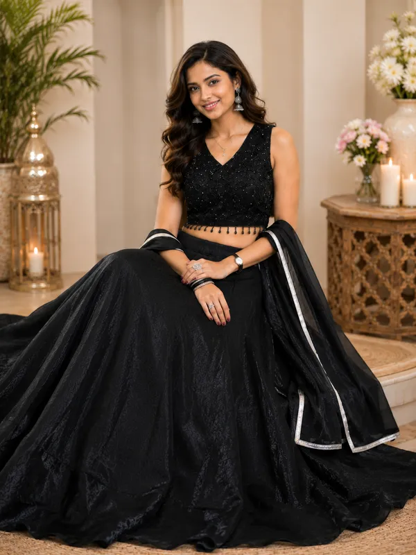 Black_Embellished_Sequin_Flared_Lehenga_Choli_With_Dupatta_For_Women