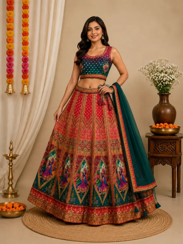 Orange_And_Green_Silk_Printed_Bridal_Lehenga_Choli_For_Women