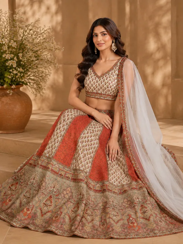 Rust_Embroidered_Panelled_Bridal_Lehenga_Choli_With_Net_Dupatta