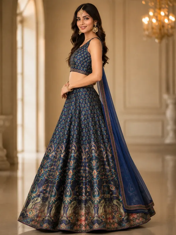 Navy_Blue_Silk_Digital_Print_Semi-Stitched_Lehenga_Choli_For_Women