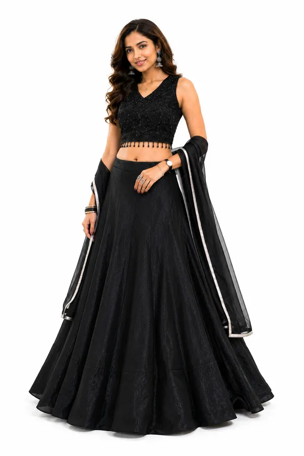 Black_Embellished_Sequin_Flared_Lehenga_Choli_With_Dupatta_For_Women