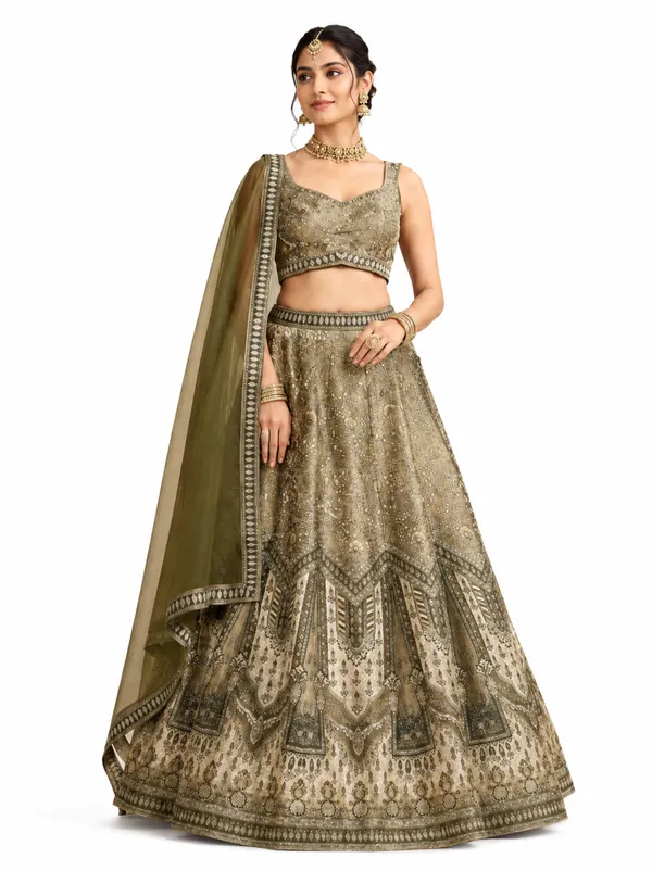 Olive_Green_Embroidered_Sequin_Work_Bridal_Lehenga_Choli_For_Women