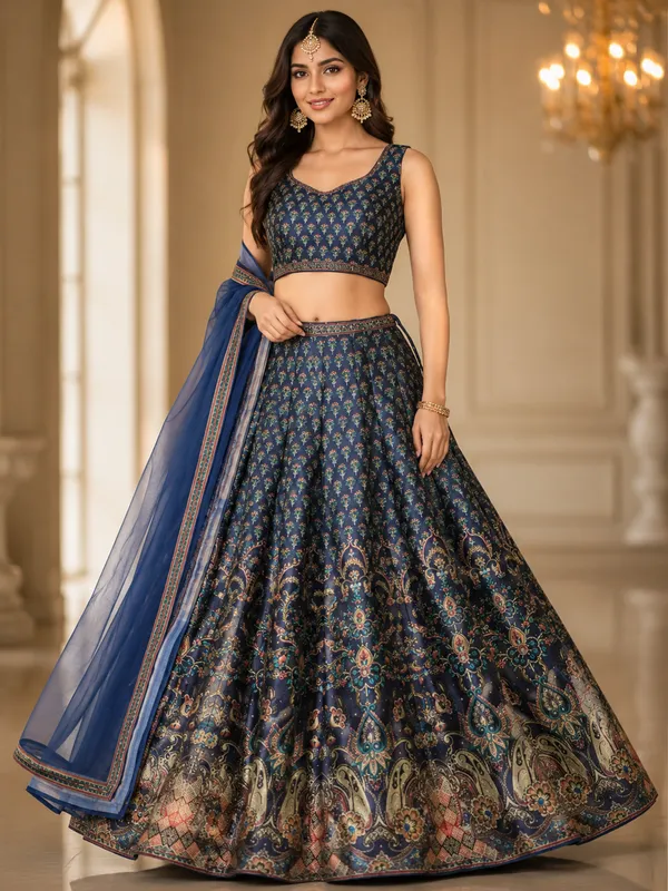 Navy_Blue_Silk_Digital_Print_Semi-Stitched_Lehenga_Choli_For_Women