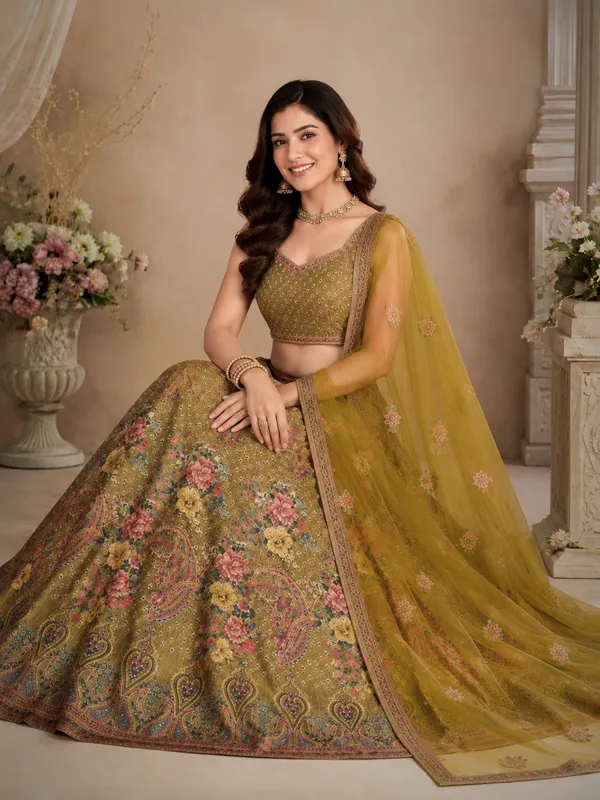 Olive_Green_Embroidered_Net_Floral_Print_Bridal_Lehenga_Choli