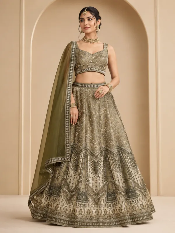 Olive_Green_Embroidered_Sequin_Work_Bridal_Lehenga_Choli_For_Women