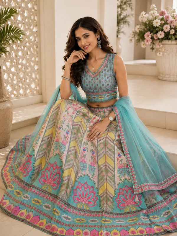 Sea_Green_Printed_Embroidered_Lehenga_Choli_For_Women