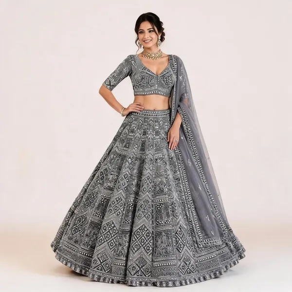 Grey_Silk_Net_Embroidered_Mirror_Work_Bridal_Lehenga_Choli_For_Women