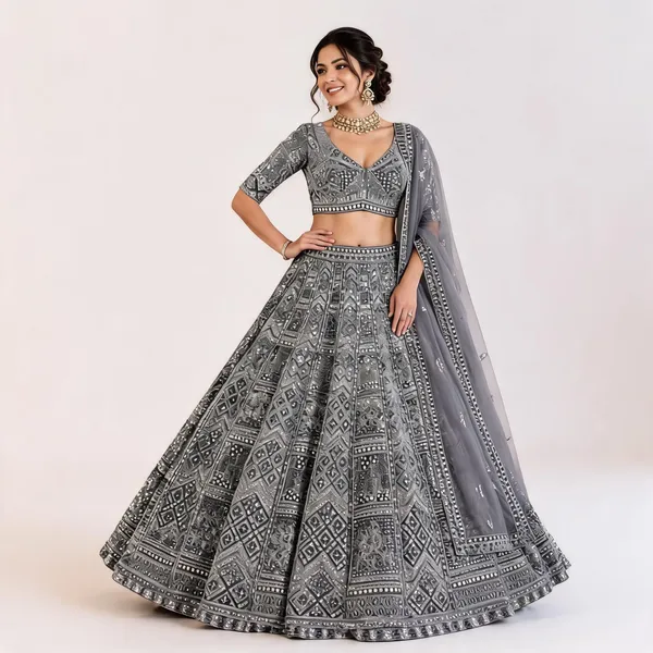 Grey_Silk_Net_Embroidered_Mirror_Work_Bridal_Lehenga_Choli_For_Women