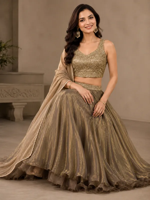 Beige_Embellished_Sleeveless_Blouse_Flared_Lehenga_With_Dupatta_For_Women