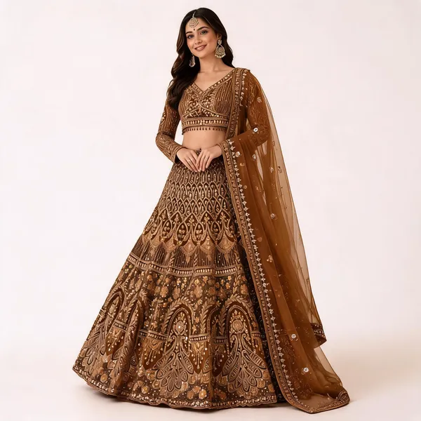 Brown_Silk_Net_Embroidered_Sequin_Bridal_Lehenga_Choli_For_Women