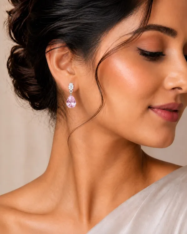 Silver_&_Pink_Teardrop_Stone_Drop_Earrings_For_Women