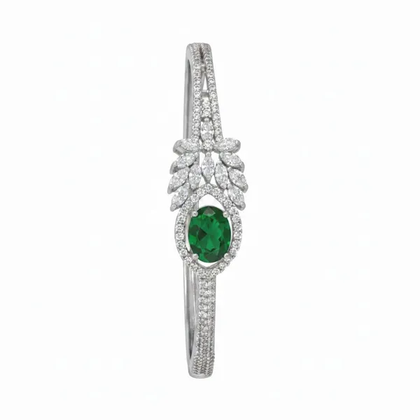 Silver_&_Green_92.5_Oval_Stone_Floral_Band_Bracelet_For_Women