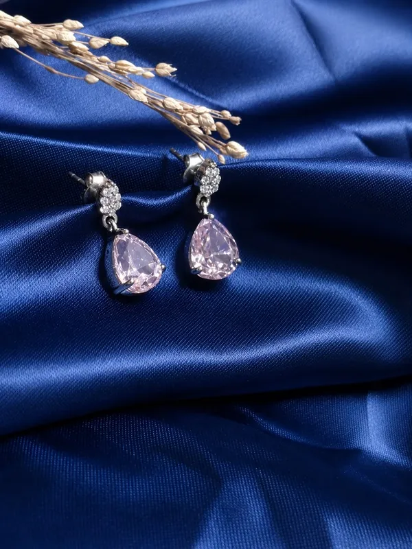 Silver_&_Pink_Teardrop_Stone_Drop_Earrings_For_Women