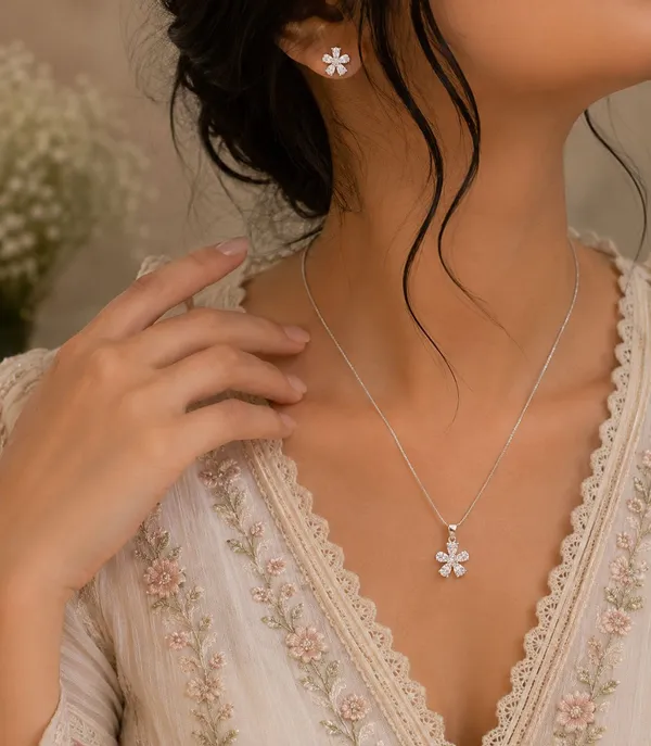 Silver_92.5_Floral_Pendant_Necklace_And_Earrings_Set_For_Women