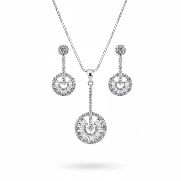Silver_&_Clear_Crystal_Detail_Pendant_Necklace_And_Earrings_Set_For_Women