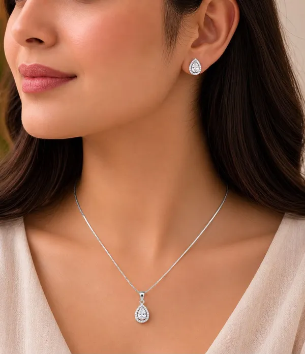 Silver_92.5_Teardrop_Pendant_Necklace_And_Earrings_Set_For_Women